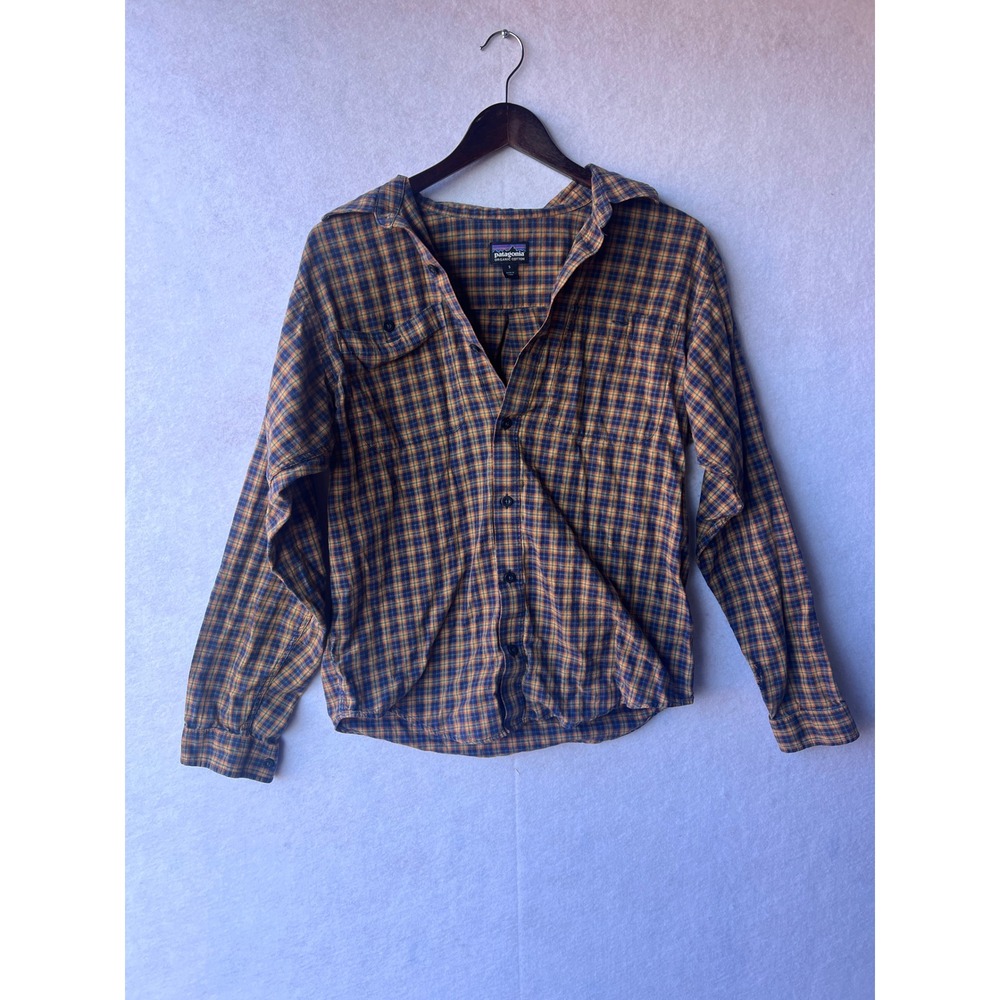 Patagonia Mens Organic Cotton Plaid Flannel Long Sleeve Shirt Blue Orange Small